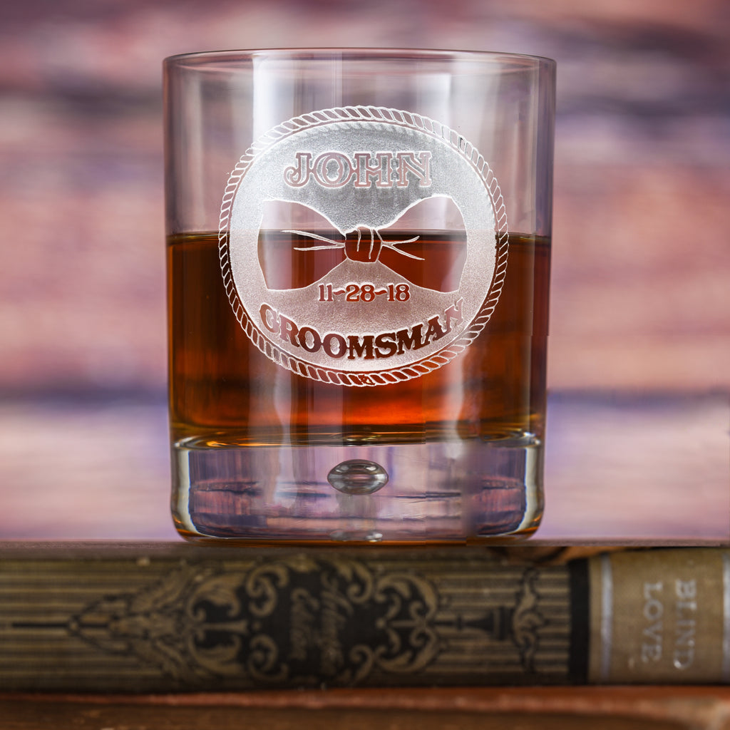 Locoluxe Groomsman Whiskey Glass – Engraved Bowtie Rocks Tumbler Gift
