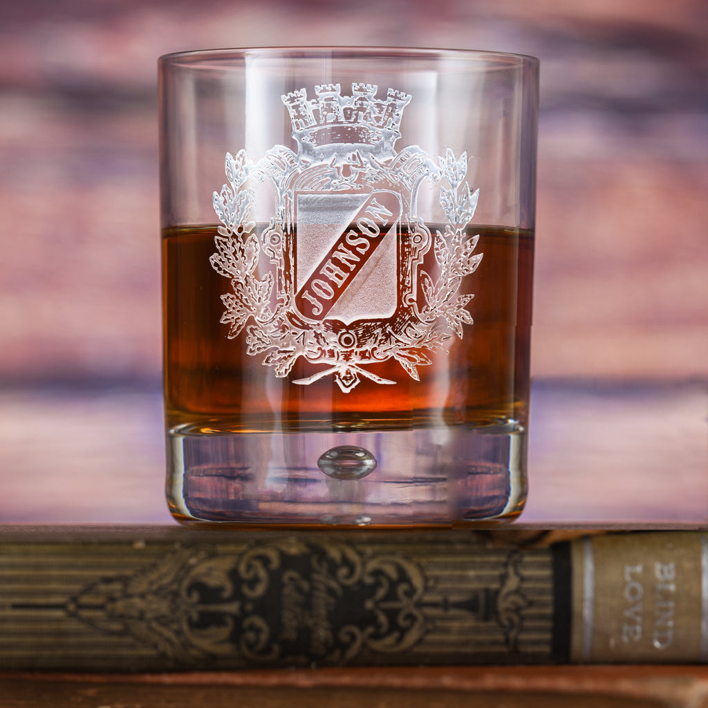 Locoluxe Custom Family Crest Whiskey Glass – Engraved Coat of Arms Bar Tumbler
